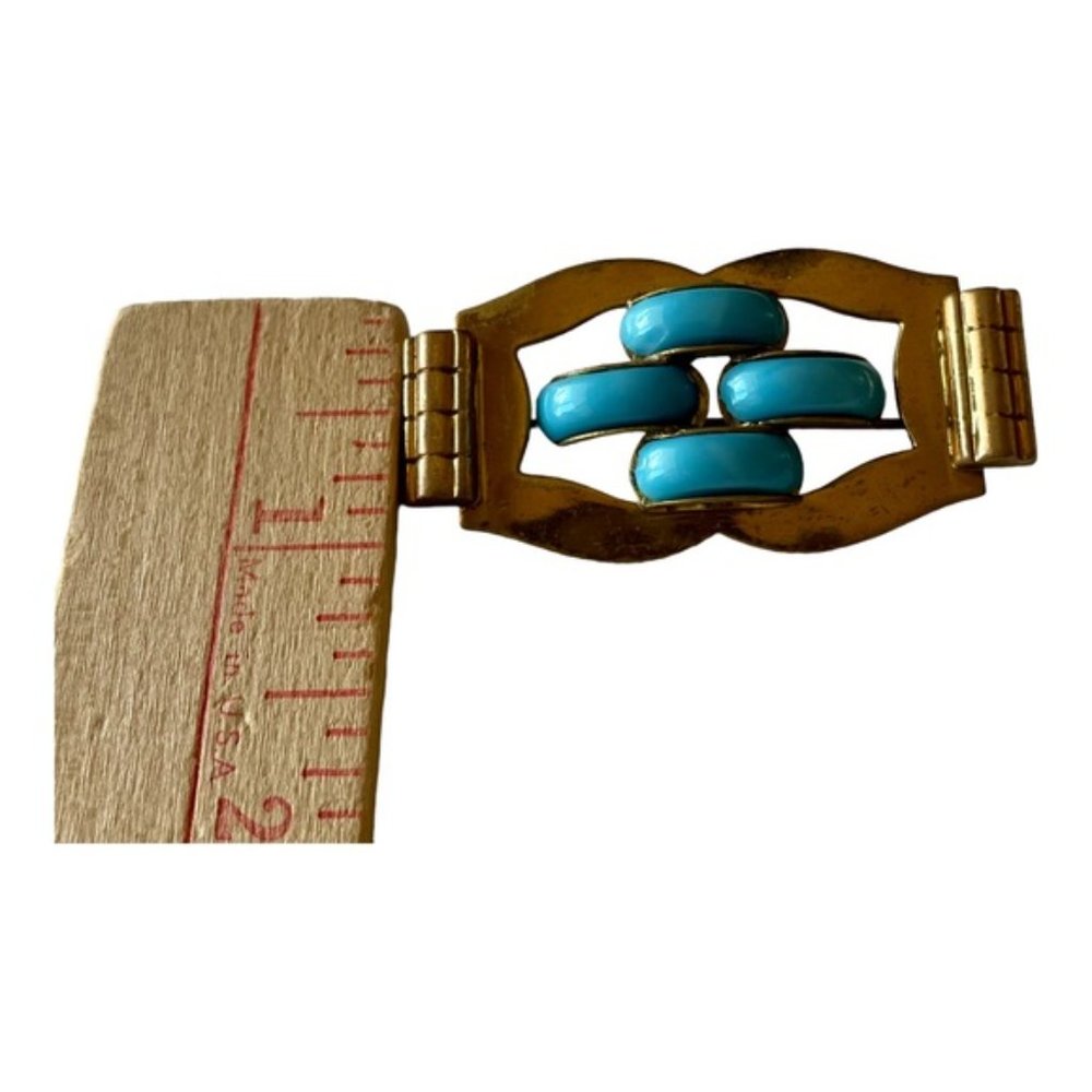 1930s Art Nouveau Gold Tone Geometric Pattern Metal with Turquoise Glass - Picture 4 of 8